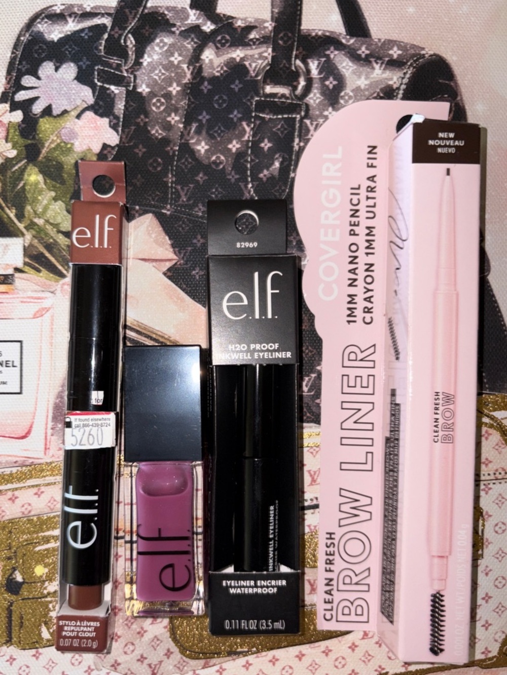 ELF Lip gloss, Plumper, H20 Proof Eye Liner Bundle with CoverGirl Brow Liner
